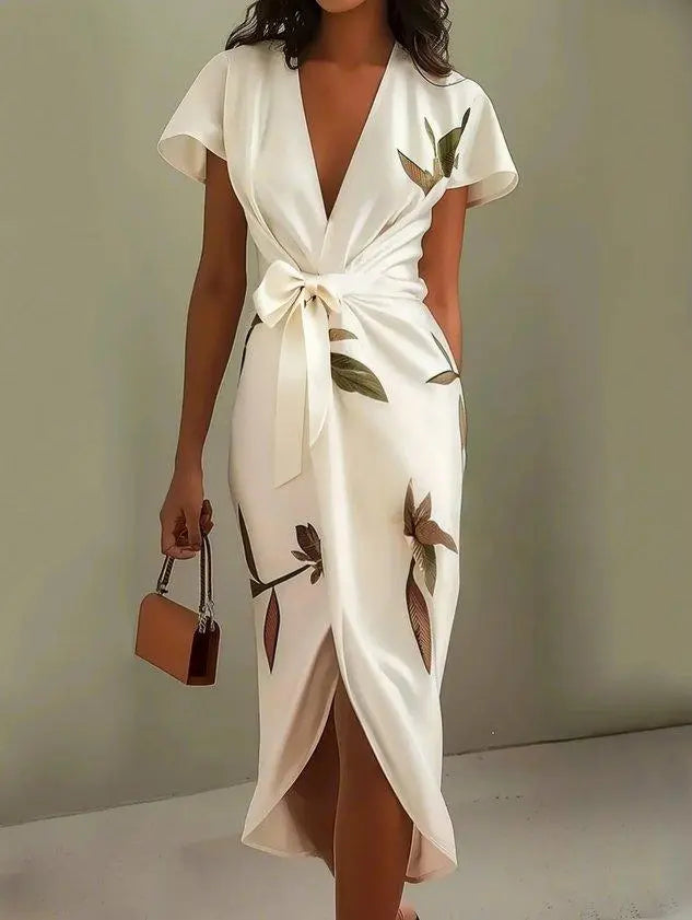 Satin Wrap Midi Dress with Leaf Print for Women TARHUS SS - Womens - Midi Dress