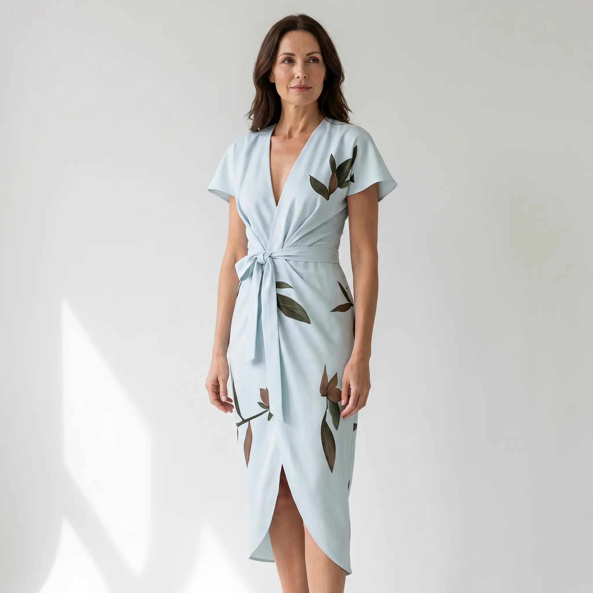 Satin Wrap Midi Dress with Leaf Print for Women TARHUS SS - Womens - Midi Dress