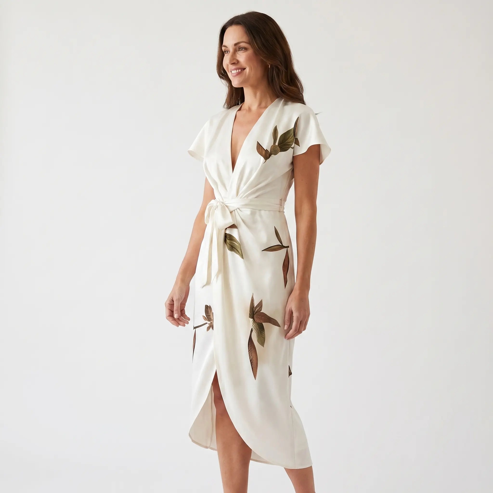 Satin Wrap Midi Dress with Leaf Print for Women TARHUS SS - Womens - Midi Dress
