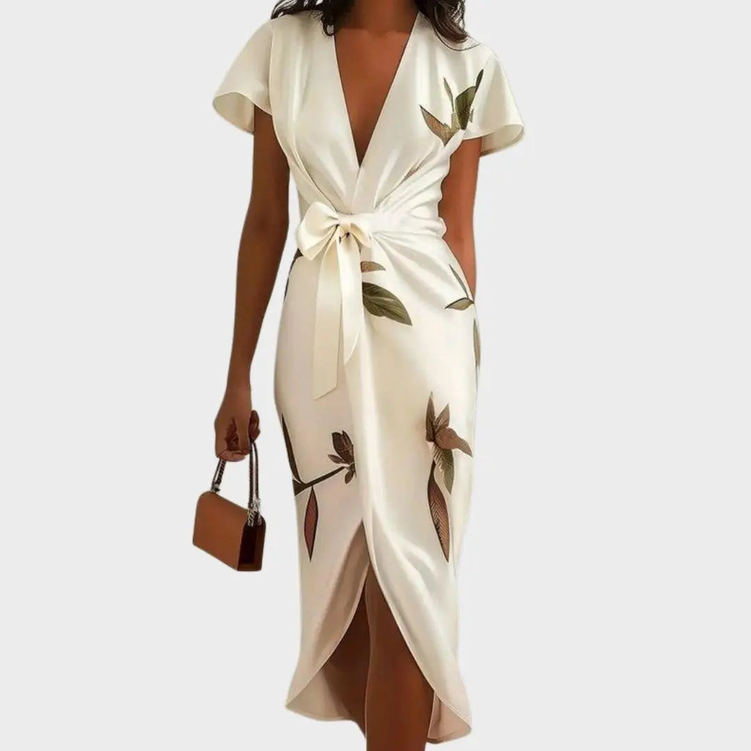 Satin Wrap Midi Dress with Leaf Print for Women TARHUS SS - Womens - Midi Dress