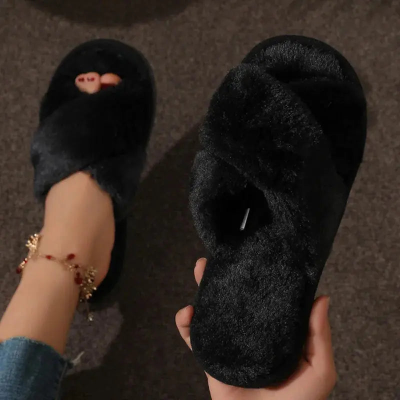 Women’s Fuzzy Cross-Band House Slippers – Soft Faux Fur Indoor Slides - TARHUS
