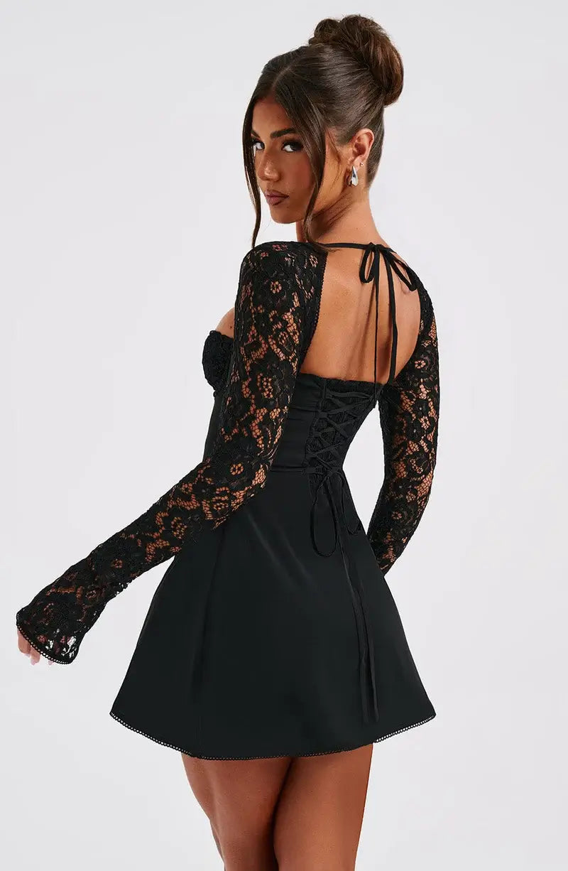 Women's Lace Mini Dress - Sweetheart Tie Front with Sheer Lace Long Sleeves and Corset Lace-Up Back TARHUS Dresses