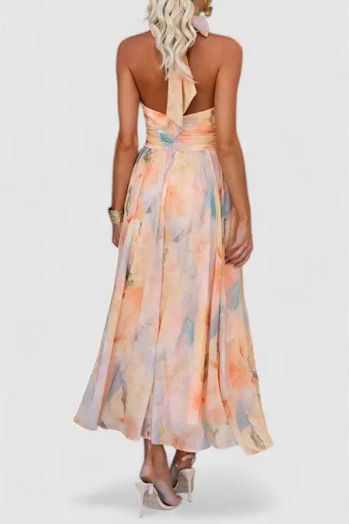Thalia's Halter Neck Maxi Dress with Open Back and Watercolour Print - TARHUS