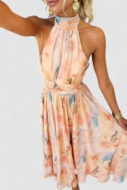 Thalia's Halter Neck Maxi Dress with Open Back and Watercolour Print - TARHUS