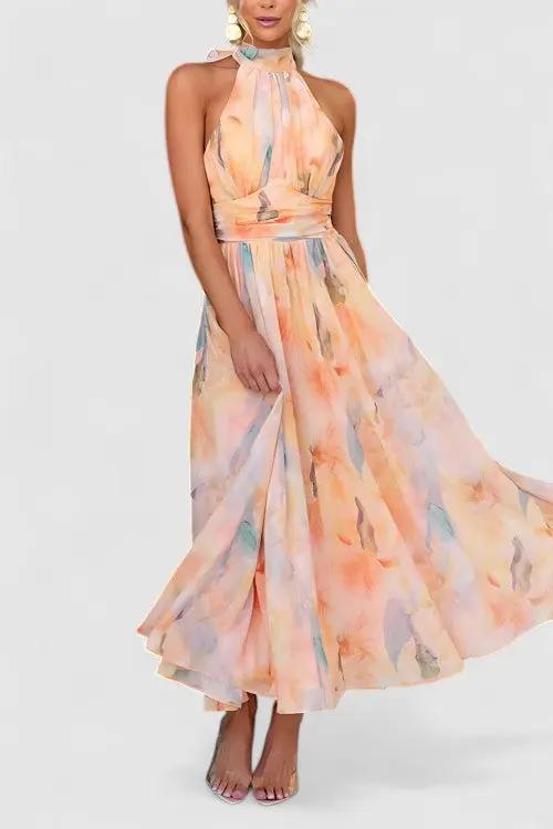 Thalia's Halter Neck Maxi Dress with Open Back and Watercolour Print - TARHUS