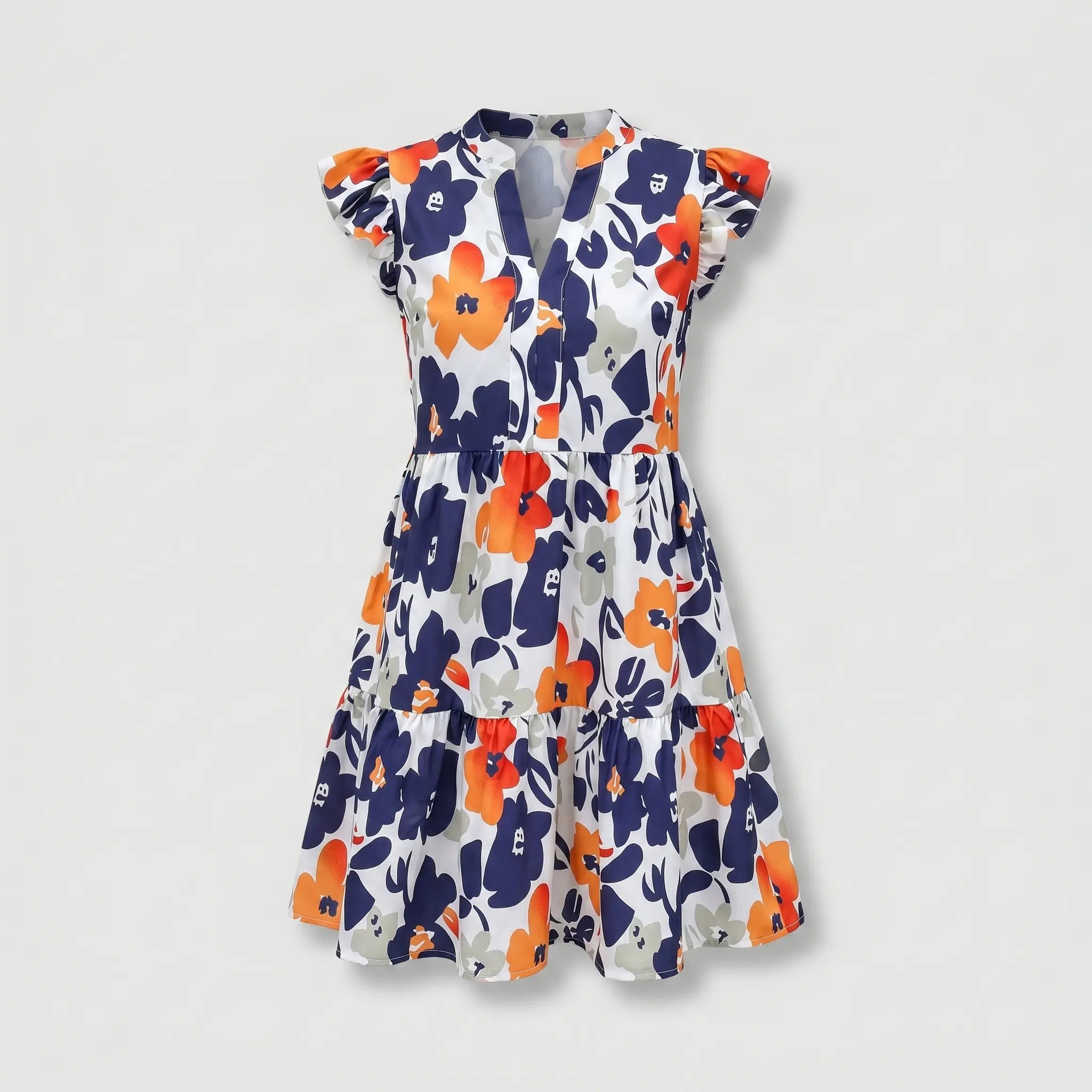 Tiered Mini Floral Dress with V-neck, Flutter Sleeves for Women TARHUS SS - Womens - Mini Dress