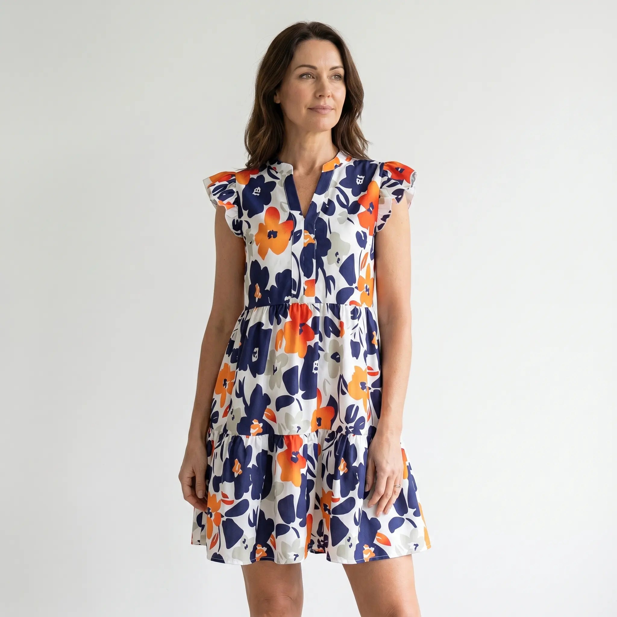Tiered Mini Floral Dress with V-neck, Flutter Sleeves for Women TARHUS SS - Womens - Mini Dress
