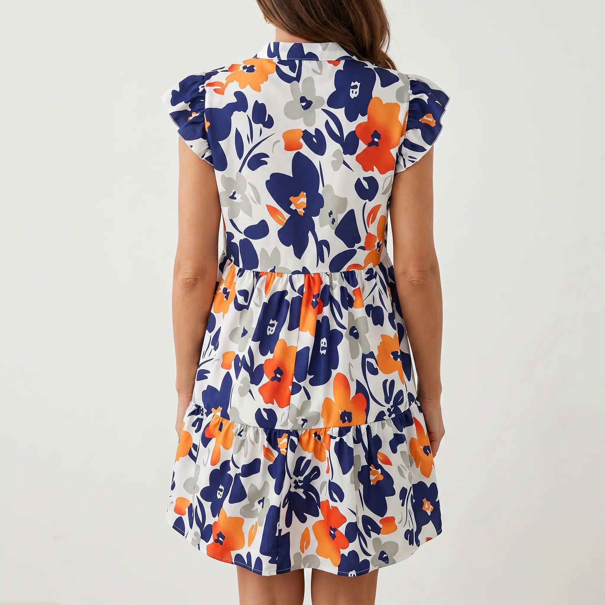 Tiered Mini Floral Dress with V-neck, Flutter Sleeves for Women TARHUS SS - Womens - Mini Dress