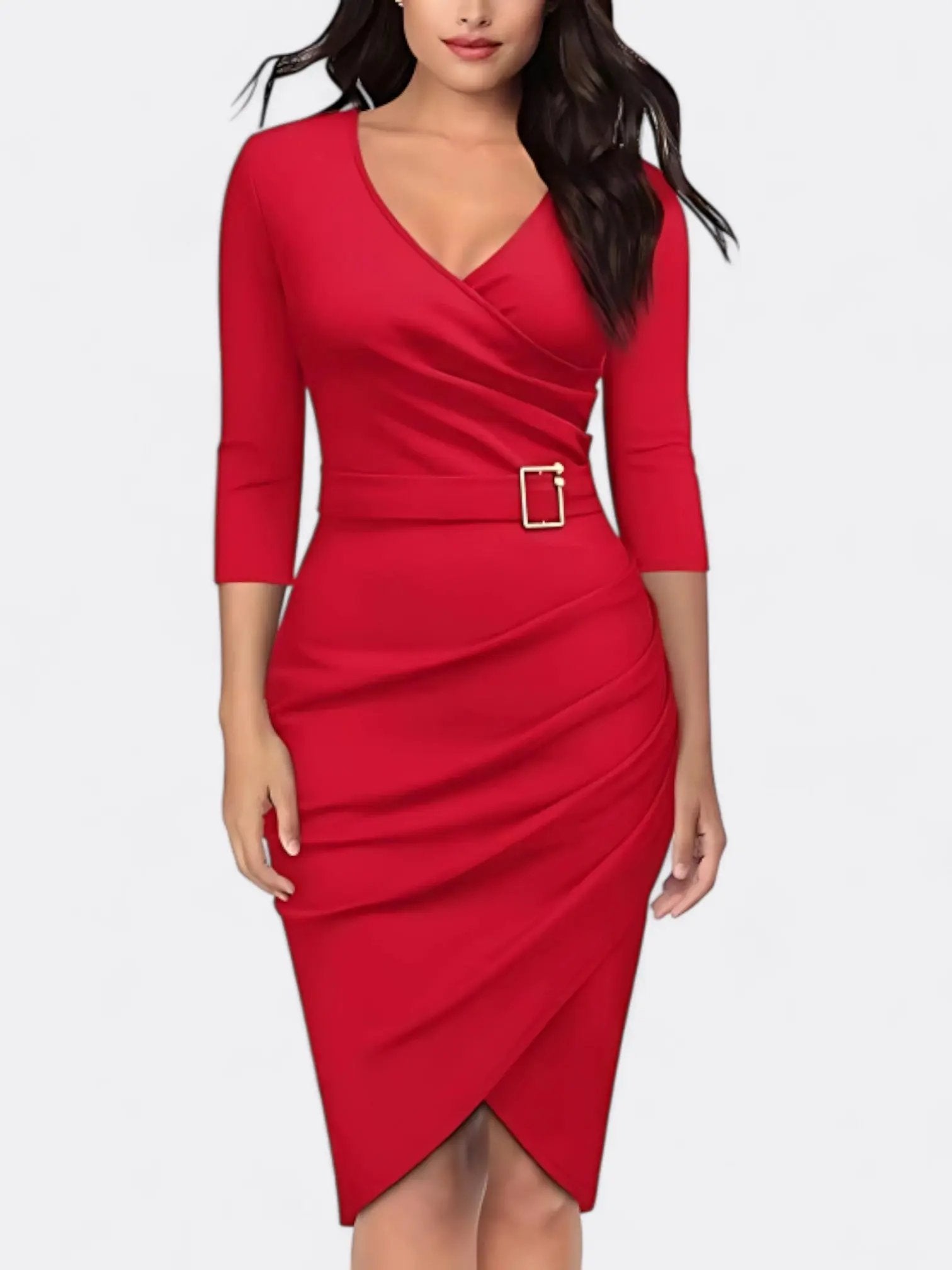 Celeste's Sleek Tailored Midi Dress with Elegant Belt - TARHUS