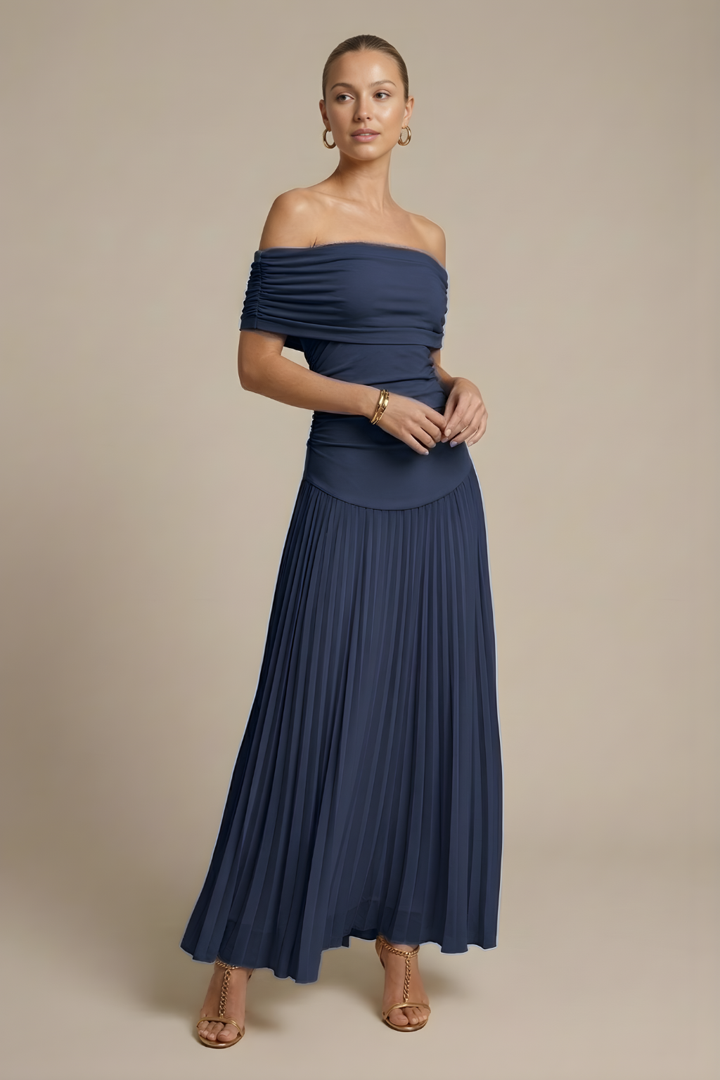 Women's Off Shoulder Pleated Maxi Dress - Ruched - Wedding Guest TARHUS Maxi Dresses