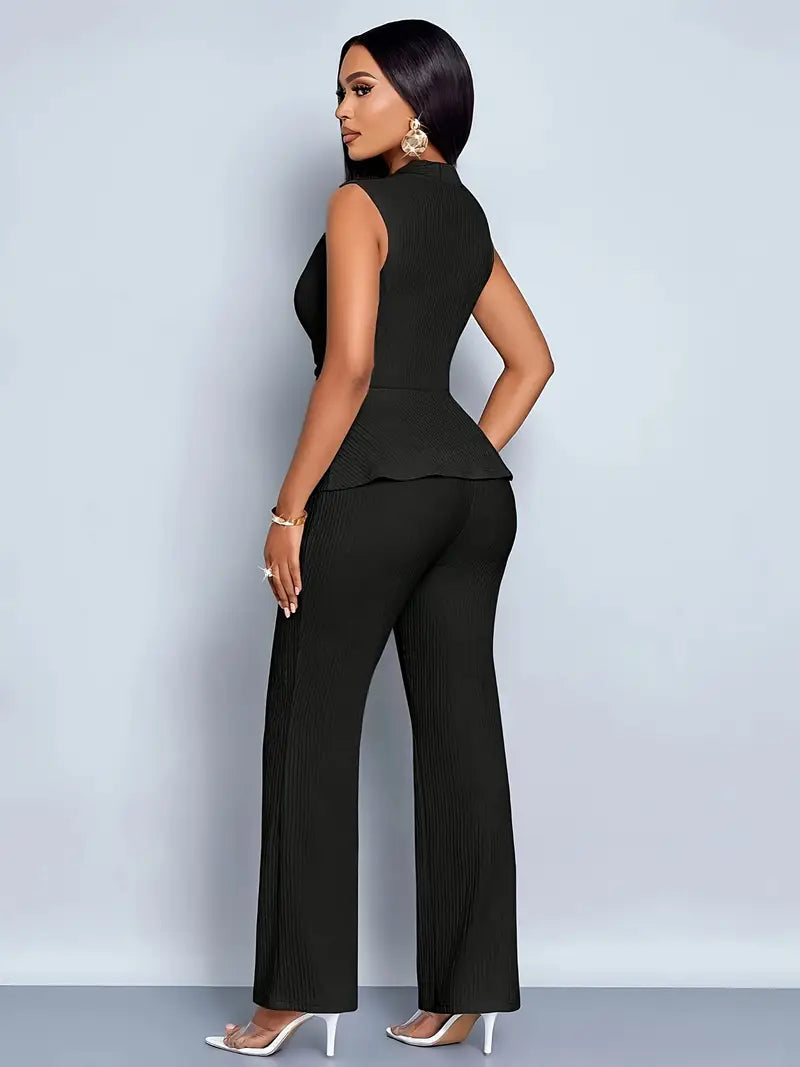 Women's Knit V-Neck Sleeveless Peplum Top Wide Leg Pants Set TARHUS Outfit Sets