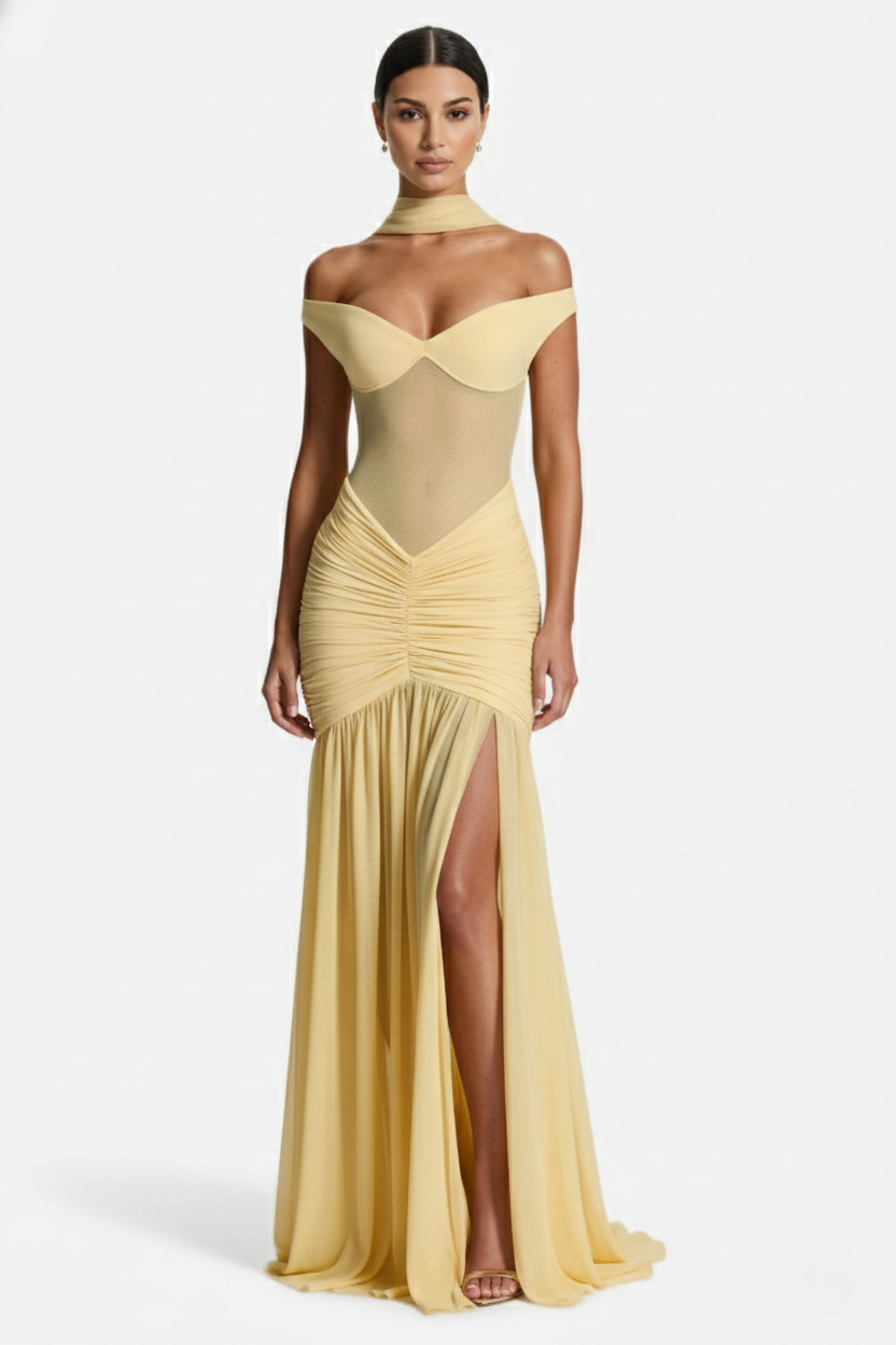 Women's Off Shoulder Ruched Maxi Dress - Mesh Bodice High Slit TARHUS Maxi Dress