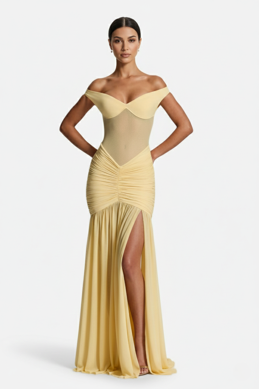 Women's Off Shoulder Ruched Maxi Dress - Mesh Bodice High Slit TARHUS Maxi Dress