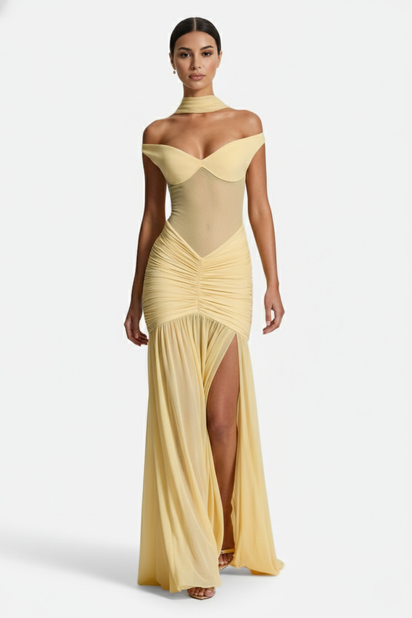 Women's Off Shoulder Ruched Maxi Dress - Mesh Bodice High Slit TARHUS Maxi Dress