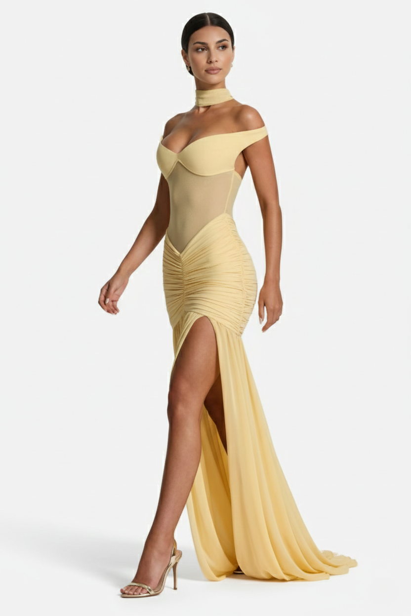 Women's Off Shoulder Ruched Maxi Dress - Mesh Bodice High Slit TARHUS Maxi Dress