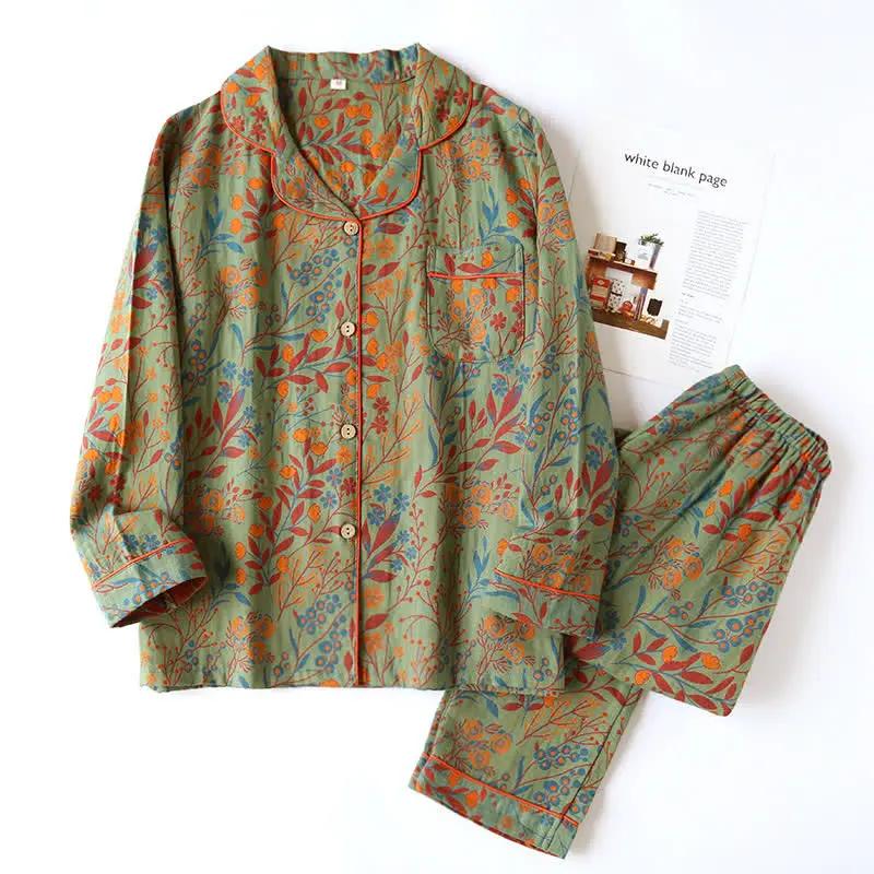 Vintage Leaf Cotton Lapel Loungewear Set - TARHUS