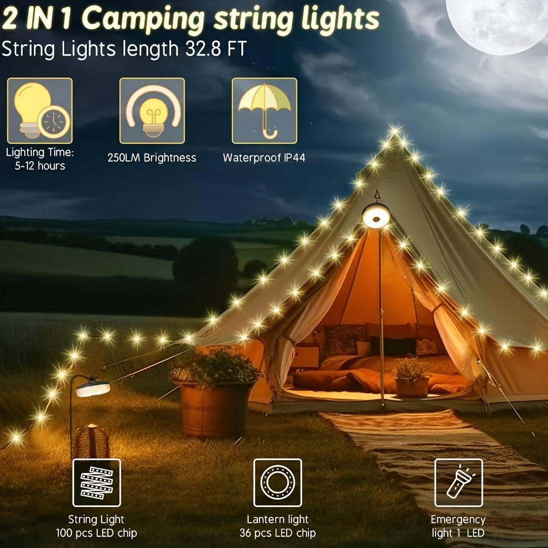 2-in-1 Rechargeable Camping Light String – Waterproof with 5 Light Modes for Outdoor