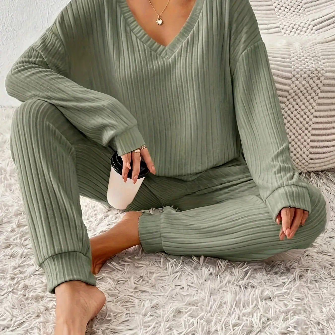Women’s Knit Lounge Set – Long Sleeve Ribbed Top & Jogger Pants | Cozy 2-Piece Loungewear - TARHUS