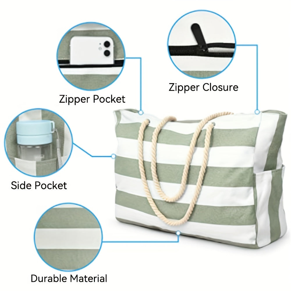 Large Canvas Beach Bag for Women – Striped Travel Tote with Zipper, Lightweight Gym & Pool Bag - TARHUS