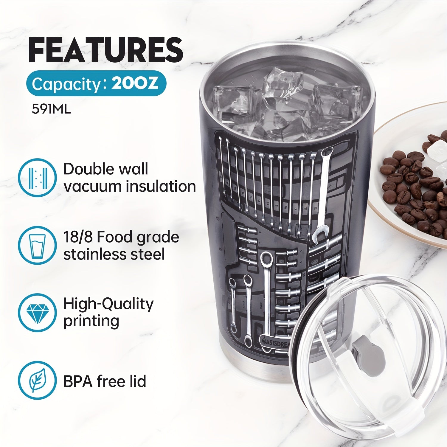 1pc 20oz Vacuum-insulated Coffee Mug, Mechanic Tool Graphic Printed Tumbler With Lid, Stainless Steel Travel Mugs With Lid, Double Wall Cups For Cold & Hot Drinks Christmas Gift TARHUS