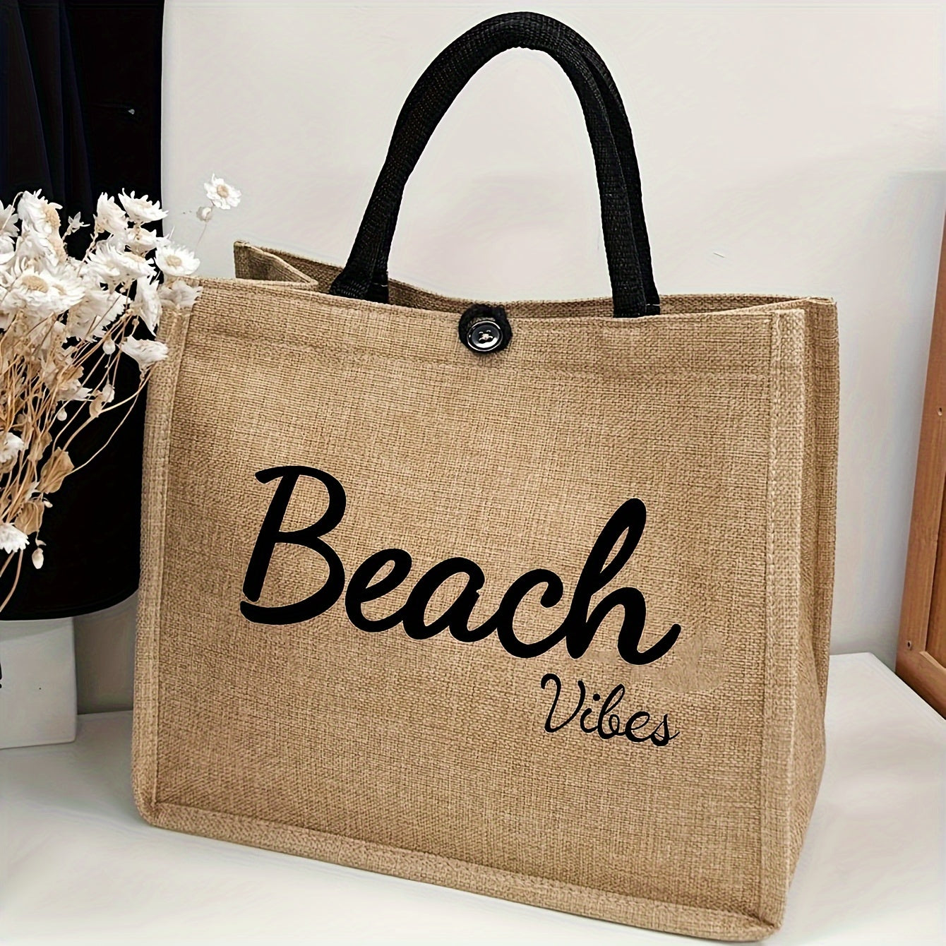 1pc Large Capacity Casual Beach Tote Bag for Women, Fashionable Letter Print, Fabric, Lightweight with Fixed Shoulder Strap, Snap Closure, Hand Washable, Suitable for Work, School, Shopping, and Travel TARHUS