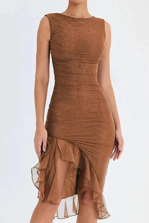 Aurevia | Women Ruched Sleeveless Midi Wedding Guest Dress TARHUS Dresses
