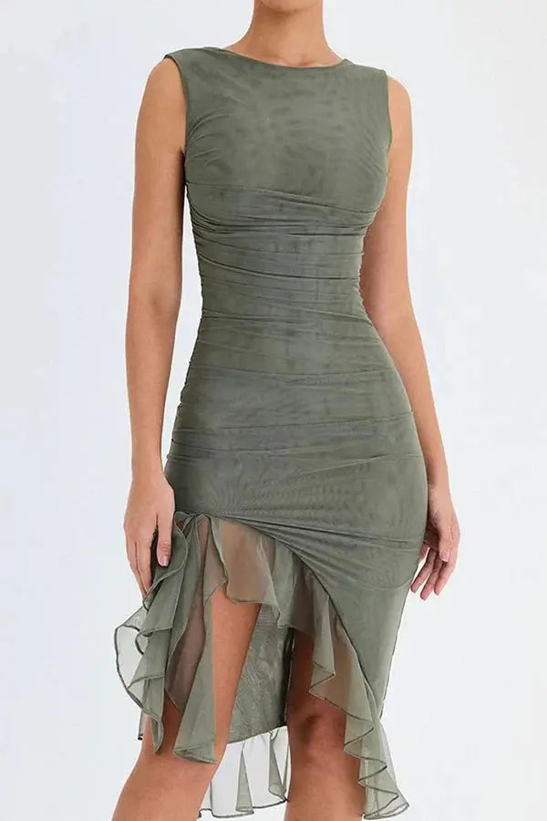 Aurevia | Women Ruched Sleeveless Midi Wedding Guest Dress TARHUS Dresses