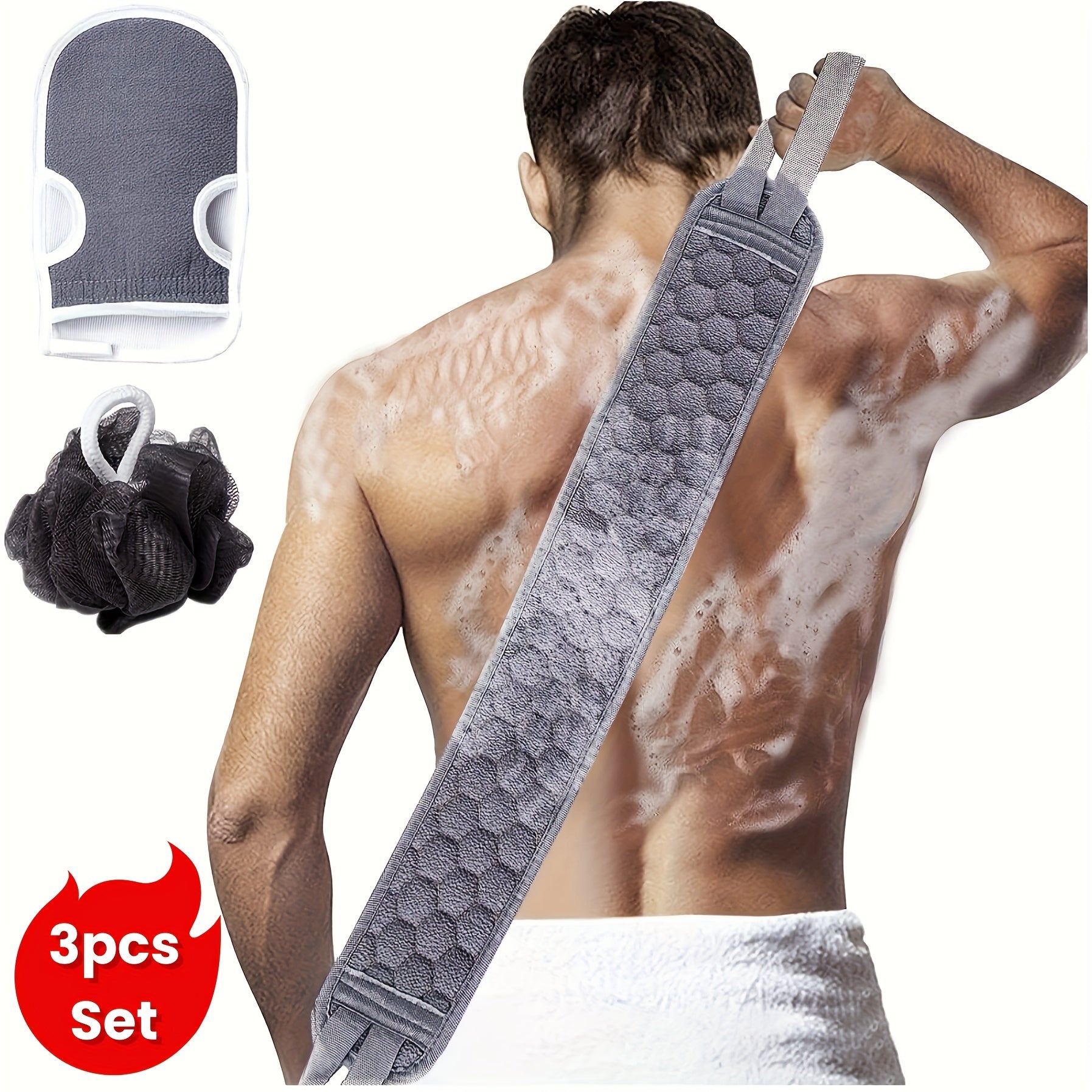 3-in-1 Exfoliating Shower Kit – Back Scrubber, Body Glove & Shower Pouf