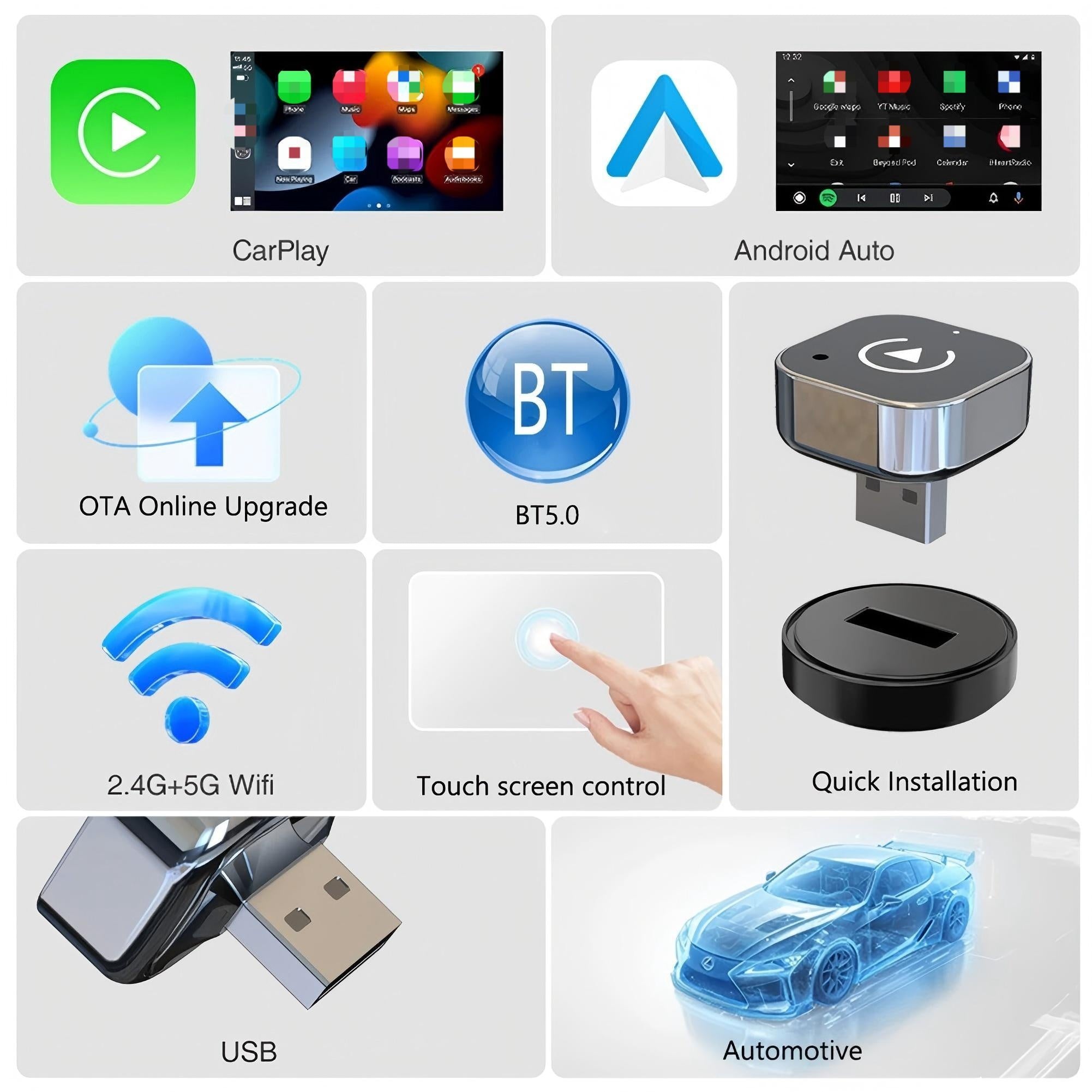 2-in-1 Wireless CarPlay & Android Auto Adapter - Plug & Play CarPlay Dongle Converter, Fast Auto-Connect, No Delay, Compact Design for iPhone & Android with USB/USB-C Port, Wireless Carplay for Android, Car Audio Upgrade, Modern Car Accessory, Highquality TARHUS
