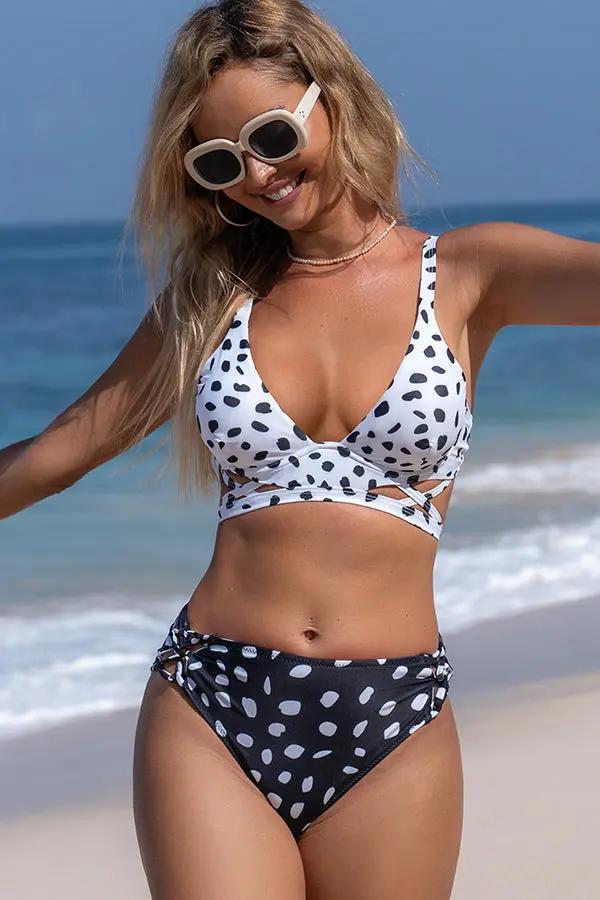 Black And White Dot Print Cutout Side Bikini Set - TARHUS