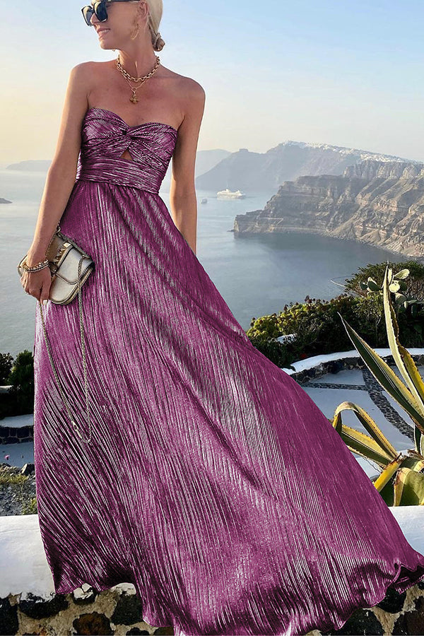 Elegant Strapless A-Line Evening Gown with Pleated Metallic Design TARHUS Maxi Dresses (Women)