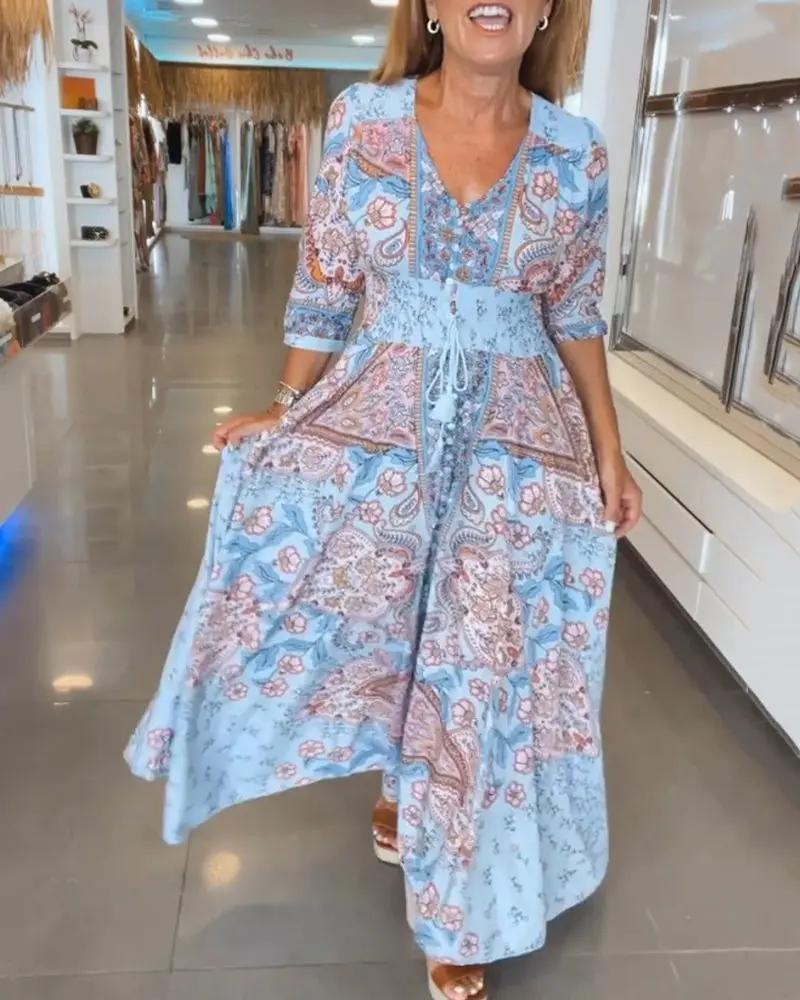 Boho V-Neck Maxi Dress for Women – Floral Holiday Dress with 3/4 Sleeves - TARHUS