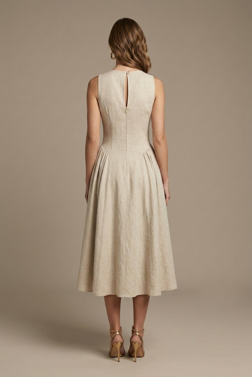 Women's Sleeveless Keyhole Cutout A-Line Midi Dress - Button Closure TARHUS Midi Dresses
