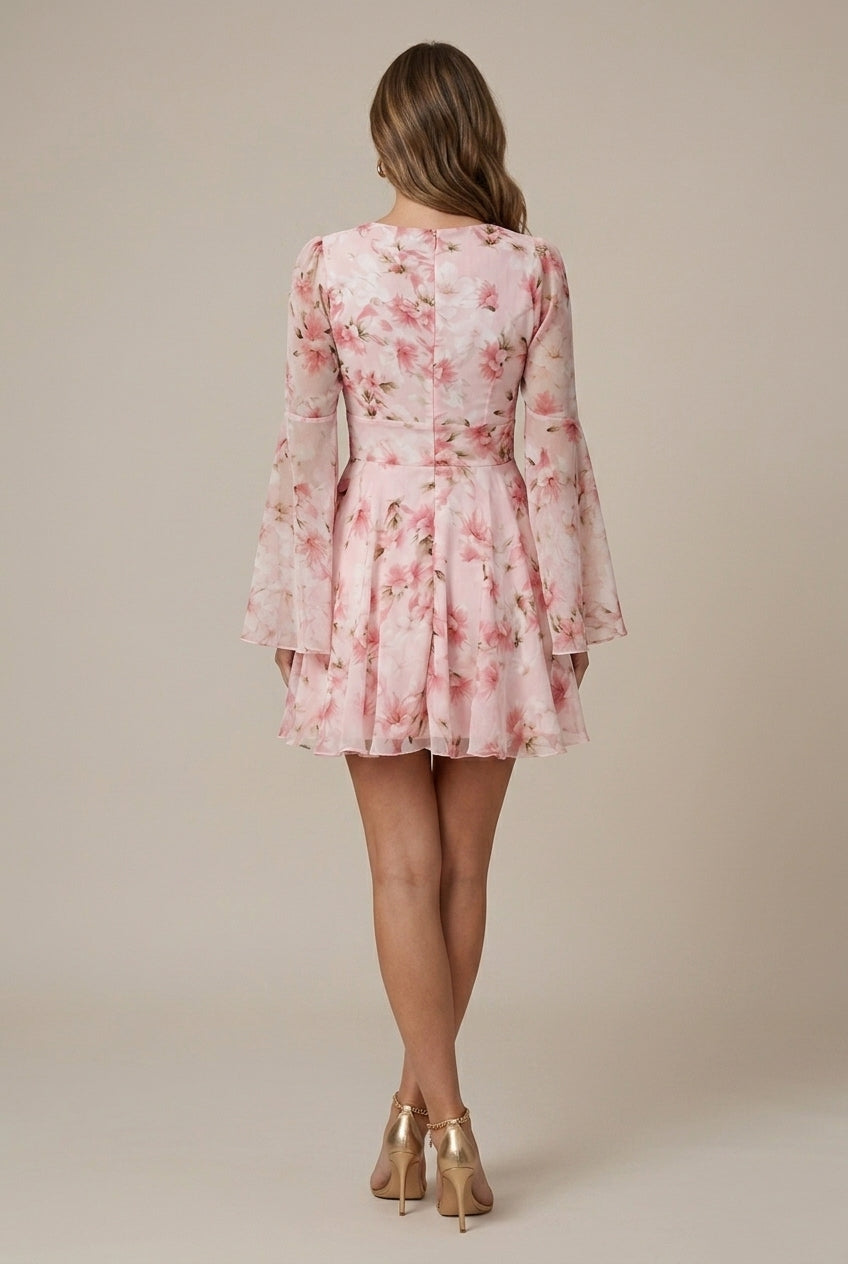 Women's Floral V-Neck Bell Sleeve Fit and Flare Mini Dress TARHUS Mini Dresses