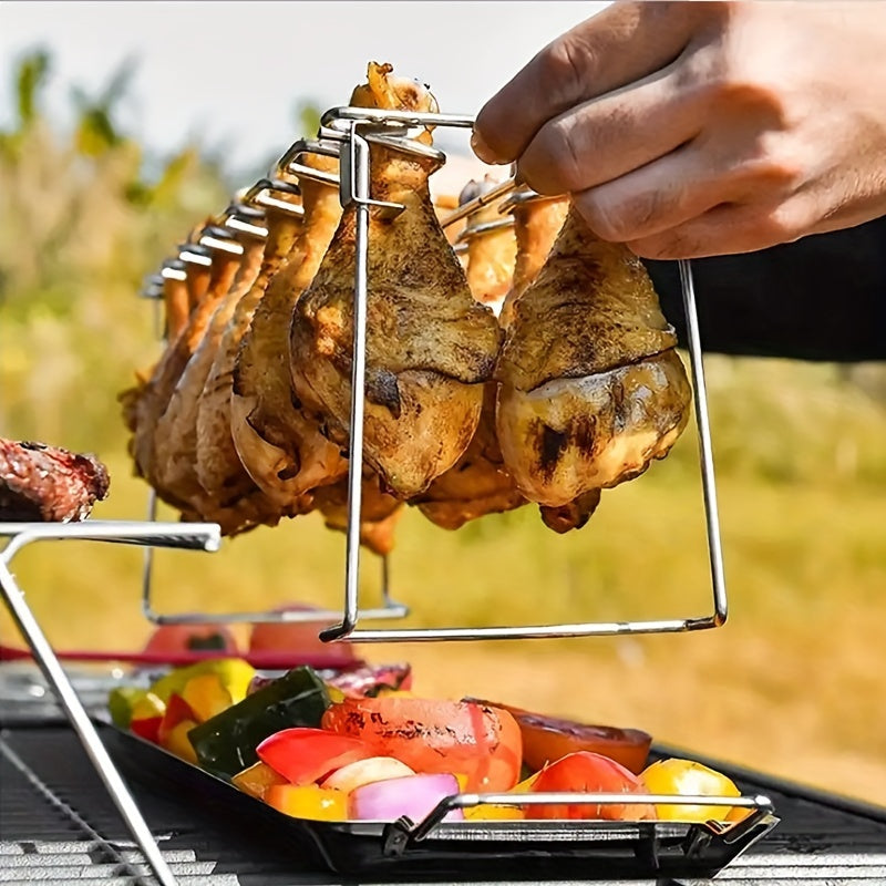 Stainless Steel Chicken Leg & Wing Rack - Foldable Vertical Roaster Stand for BBQ, Smoker, Oven - Ideal for Picnics, Camping, Cooking - Easy Storage Kitchen Accessory TARHUS
