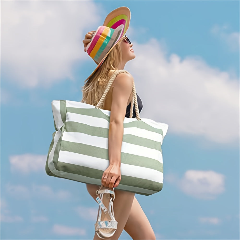 Large Canvas Beach Bag for Women – Striped Travel Tote with Zipper, Lightweight Gym & Pool Bag - TARHUS