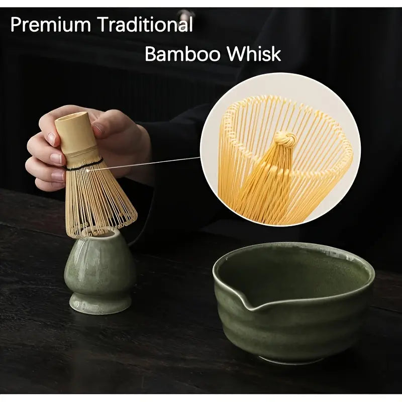 4pc Ceramic Matcha Set – Green Glaze Bowl, Whisk & Scoop - TARHUS