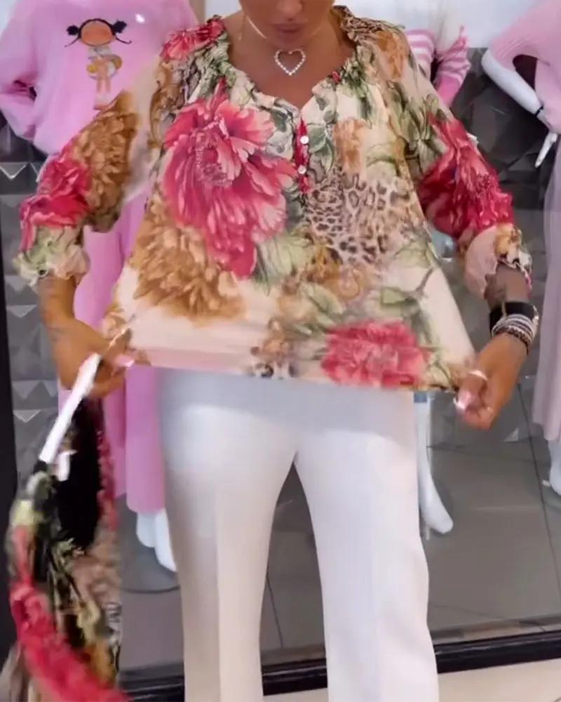 Selina | Floral Print V-Neck Blouse – Long Sleeve Cotton Blend Shirt Top for Women TARHUS Blouses & Shirts