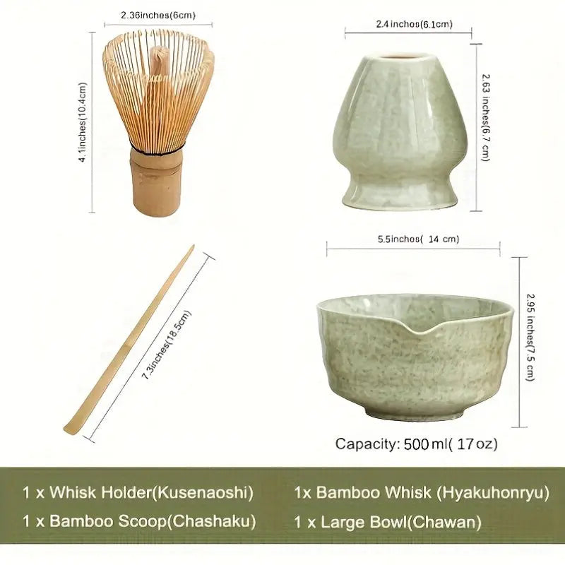 4pc Ceramic Matcha Set – Green Glaze Bowl, Whisk & Scoop - TARHUS