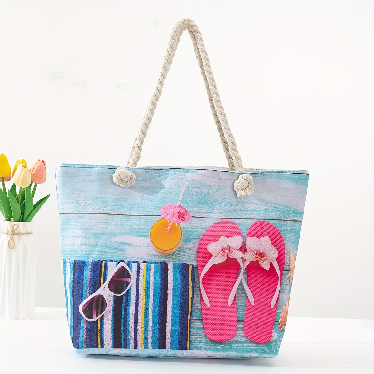 Stylish Blue Mandala Print Tote Bag for Women - Casual Shoulder Bag with Rope Handles, Vibrant Floral Patterns, Zip Closure, Perfect for Vacation Or Everyday Use, Vacation Tote Bag | Trendy Women'S Bag | Woven Texture, Novelty Purse TARHUS