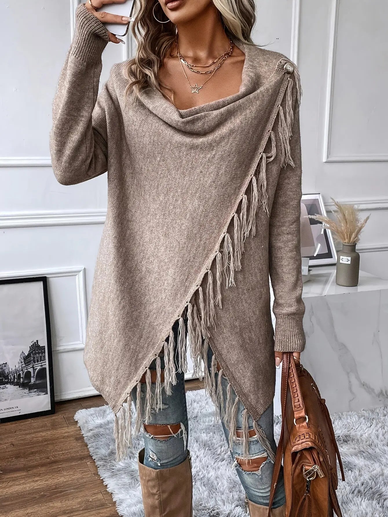 Women’s Knit Cardigan Shawl with Tassel Fringe – Draped Collar for All Seasons - TARHUS