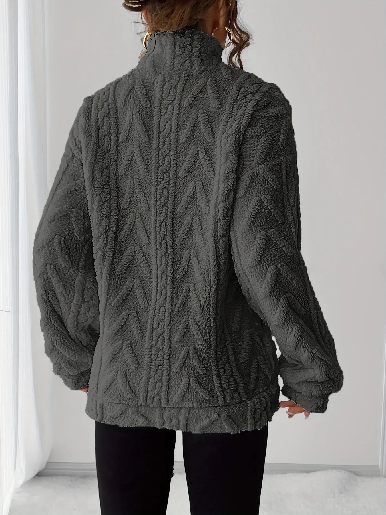 Women’s Fleece Zip-Up Sweatshirt – Long Sleeve Lapel Collar Pullover with Fluffy Texture - TARHUS