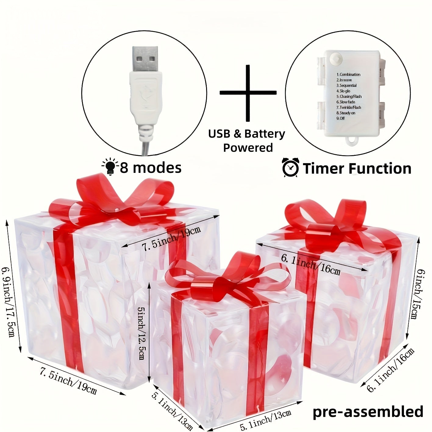 Set of 3 Lighted Christmas Gift Boxes – Warm White LED Presents with Red Bows TARHUS