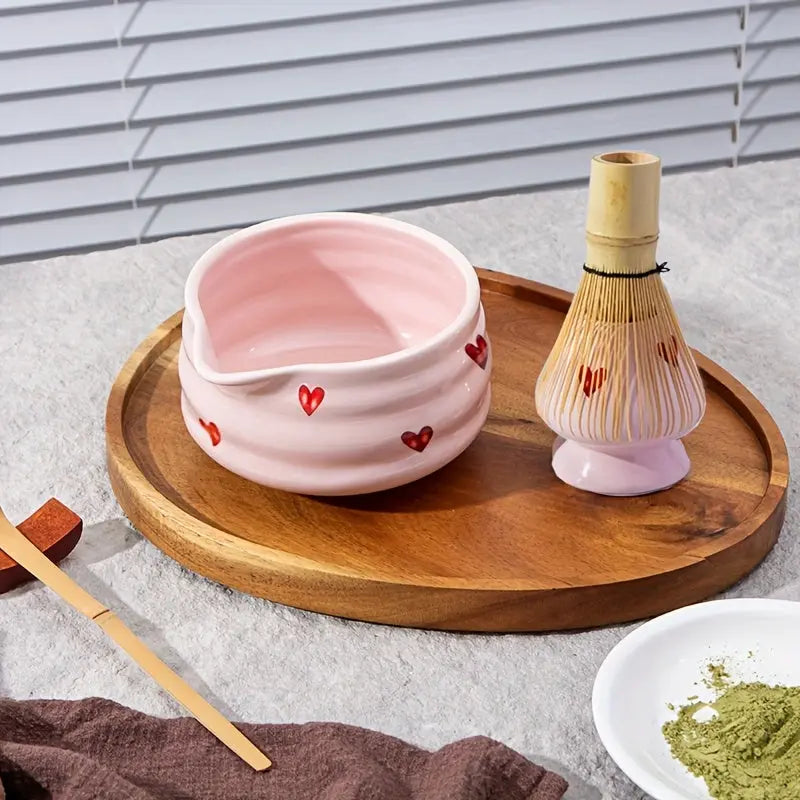 5pcs Matcha Set β Pink Ceramic Heart Bowl & Bamboo Tools - TARHUS