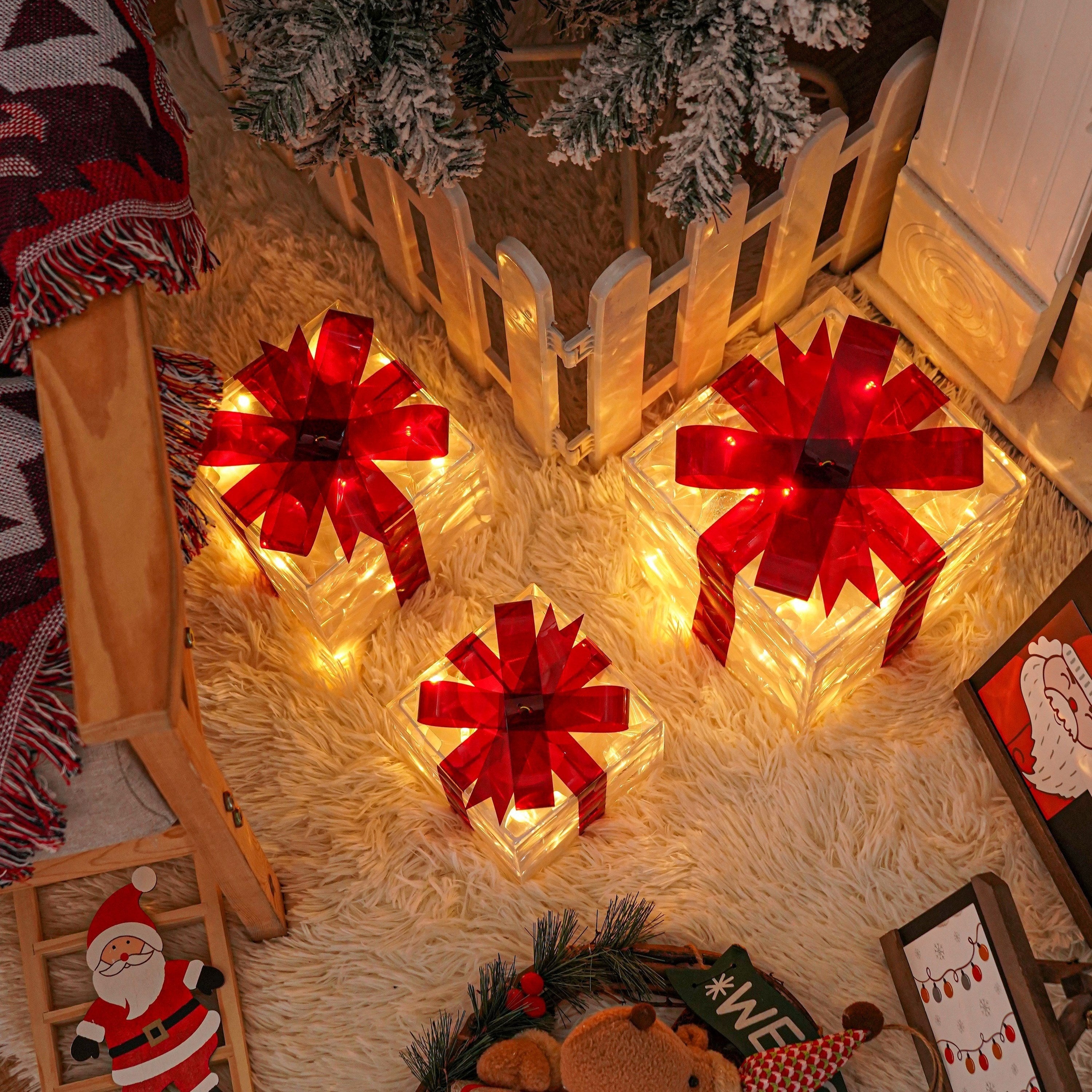 Set of 3 Lighted Christmas Gift Boxes – Warm White LED Presents with Red Bows TARHUS