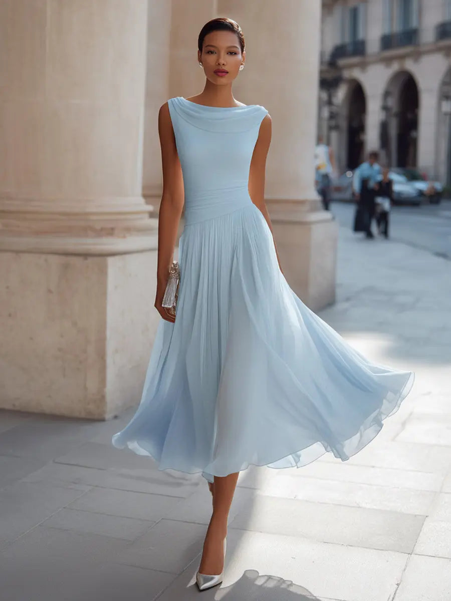 Draped Neck Sleeveless Pleated Midi Dress TARHUS Sleeveless Maxi Dress