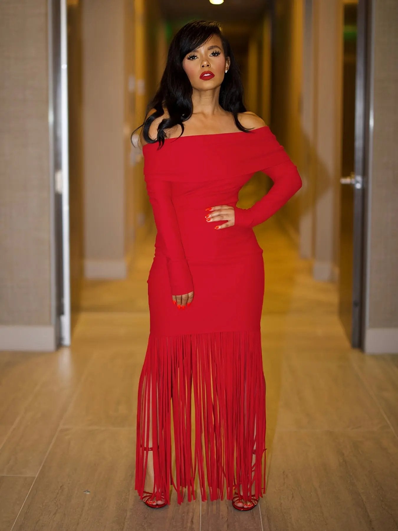 Off-Shoulder Maxi With Long Fringe - TARHUS