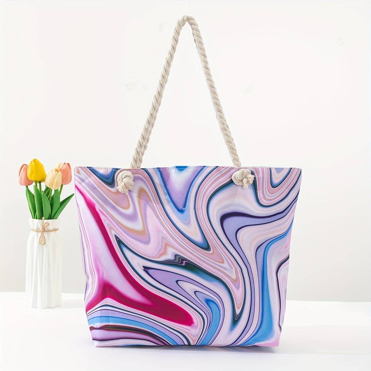 Stylish Blue Mandala Print Tote Bag for Women - Casual Shoulder Bag with Rope Handles, Vibrant Floral Patterns, Zip Closure, Perfect for Vacation Or Everyday Use, Vacation Tote Bag | Trendy Women'S Bag | Woven Texture, Novelty Purse TARHUS