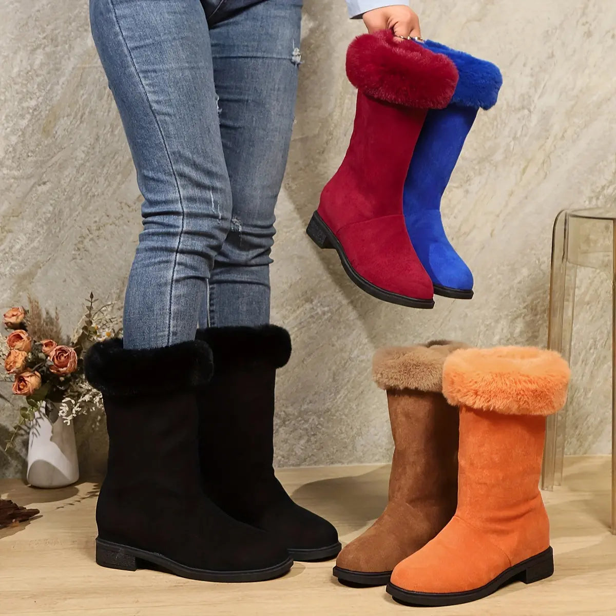 Mid-Calf Winter Booties for Women – Soft Plush Slip-On Snow Boots with Platform Heel | Warm Indoor Outdoor Cold Weather Fashion - TARHUS