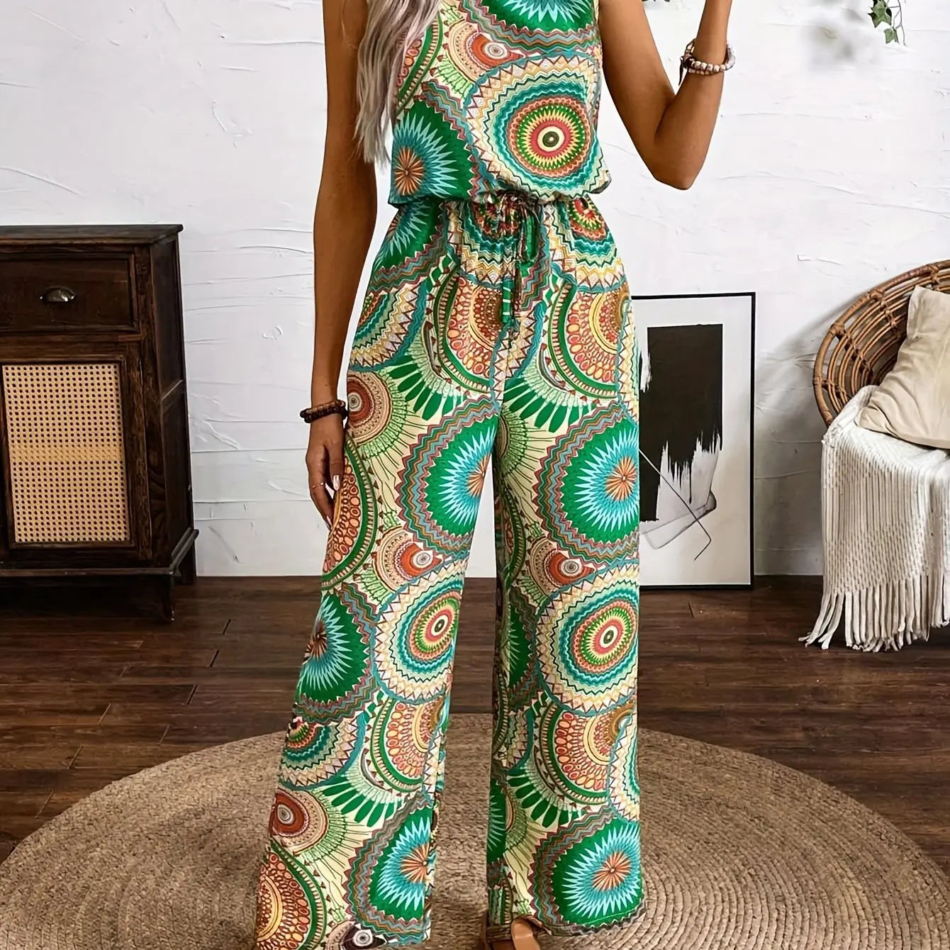 Boho Ethnic Print Jumpsuit for Women – Sleeveless, Wide-Leg, Casual Summer Outfit - TARHUS